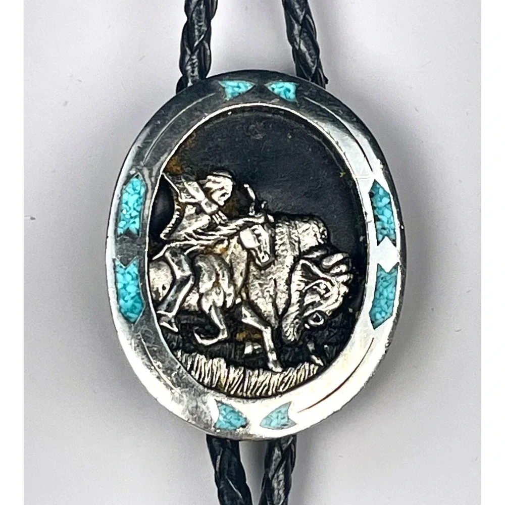 G&S 2000 Buffalo Hunt Bolo Tie Turquoise Chip Inlay Western Horseback Rider